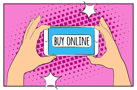 Comic phone with halftone shadows. Hand holding smartphone with buy online internet shopping. Pop art retro style. Flat design. Vector illustrationのイラスト素材