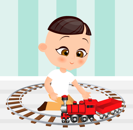 Japanese boy with toy train. Boy playing with train. Vector illustration isolated on white background. Flat cartoon styleのイラスト素材