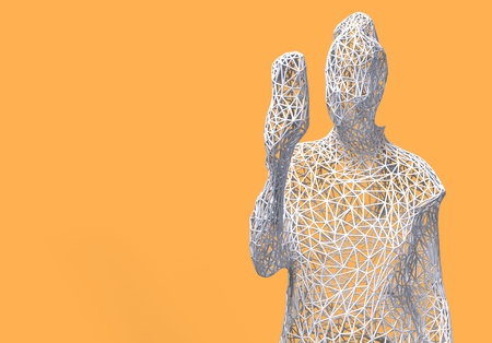 Three-dimensional mesh figure of a woman holding a phone in hand on yellow background. 3d illustration.の写真素材