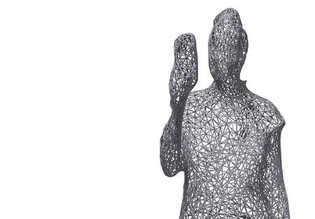 Three-dimensional mesh figure of a woman holding a phone in hand on white background. 3d illustration.の写真素材