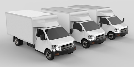 Three little white truck.. Car delivery service. Delivery of goods and products to retail outlets. 3d rendering.の写真素材