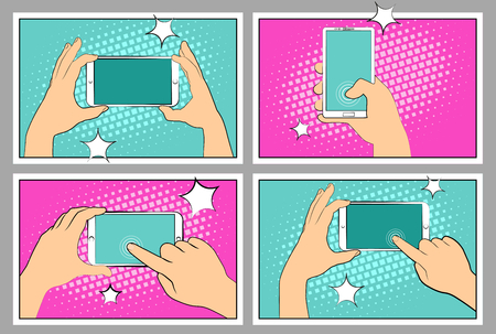 Set Comic phone with halftone shadows hand holding smartphone.のイラスト素材