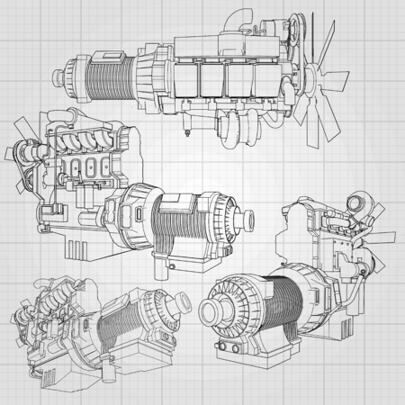A big diesel engine with the truck depicted in the contour lines on graph paper. The contours of the black line on the grey background.のイラスト素材