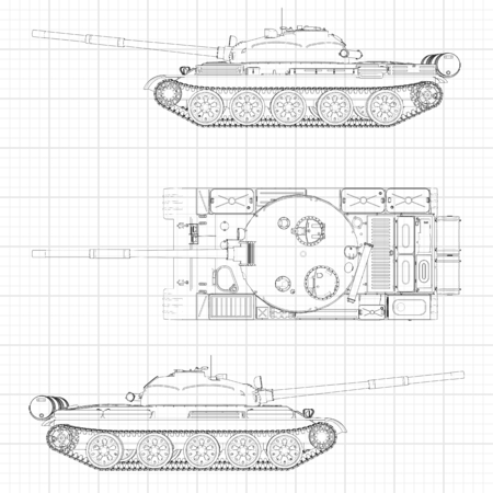 Tank vector illustration EPS 10. Military machine in the contour lines on graph paper. The contours of the black line on the white backgroundのイラスト素材