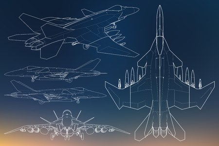 Set of military jet fighter silhouettes. Image of aircraft in contour drawing linesのイラスト素材