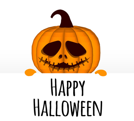 Happy Halloween. A template on a white background with a pumpkin head peeping out from behind the edge.のイラスト素材