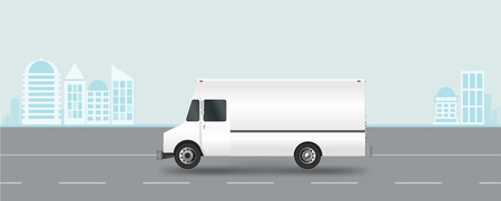 White truck on road. Cargo van Vector illustration EPS 10 isolated on white background. City commercial vehicle deliveryのイラスト素材