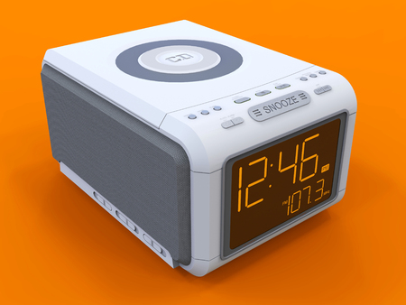 Radio clock-alarm clock on an orange background. 3d rendering