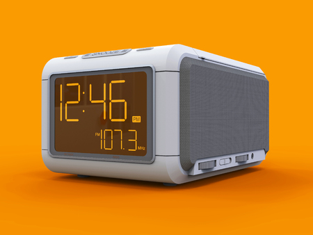 Radio clock-alarm clock on an orange background. 3d rendering
