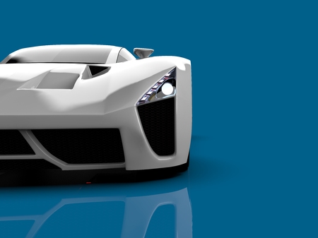 White racing concept car. Image of a car on a blue glossy background. 3d rendering