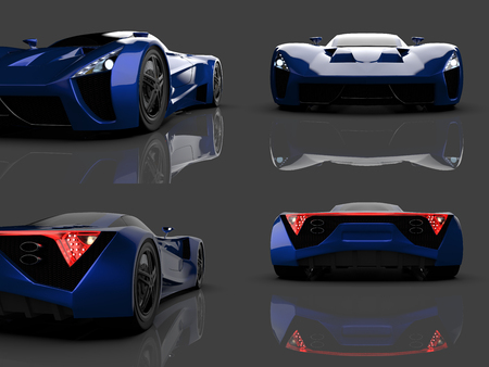 Set blue racing concept car. Image of a car on a gray glossy background. 3d rendering