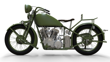 An old green motorcycle of the 30s of the 20th century. An illustration on a white background with shadows from on a planeの写真素材