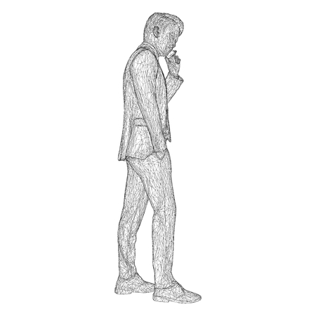 Male businessman in a business suit standing and talking on the phone, slightly tilting her head. Illustration of three-dimensional polygons-triangles are depicted with black lines on a white backgroundのイラスト素材