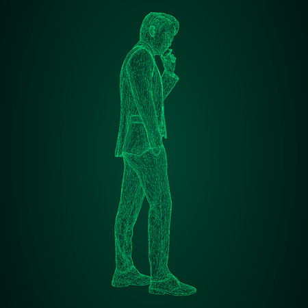 Male businessman in a business suit standing and talking on the phone, slightly tilting her head.のイラスト素材