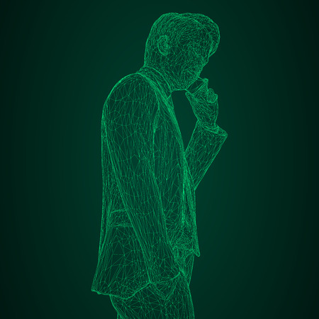 Male businessman in a business suit standing and talking on the phone, slightly tilting her head. Illustration of three-dimensional polygons-triangles are depicted with glowing green lines on a black and green backgroundのイラスト素材