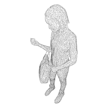 A woman with a bag on her bent hand. Vector illustration of a black triangular mesh on a white backgroundのイラスト素材