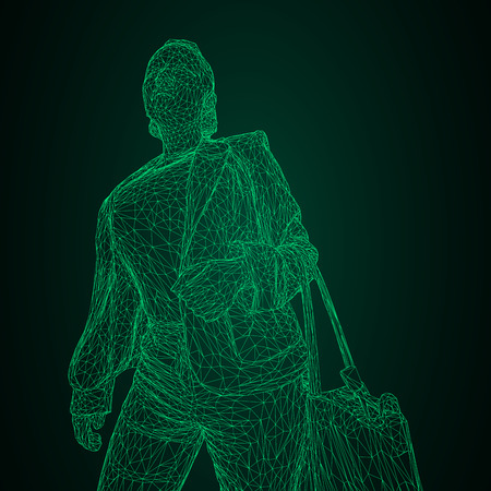 A woman with a bag on her bent hand. Vector illustration of a green luminous triangular grid on a black-and-green background.のイラスト素材