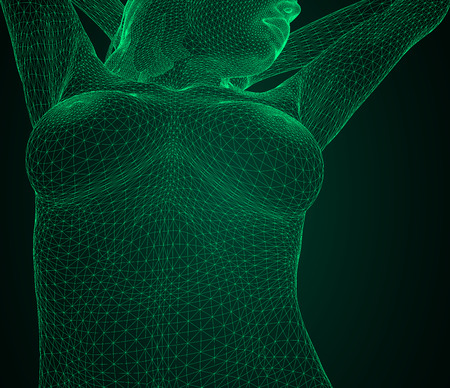 Conceptual vector illustration of a human body. Female breast and body in the form of a three-dimensional triangular polygonal mesh made of green linesのイラスト素材