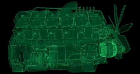 A big diesel engine with the truck depicted in the contour lines on graph paper. The contours of the...