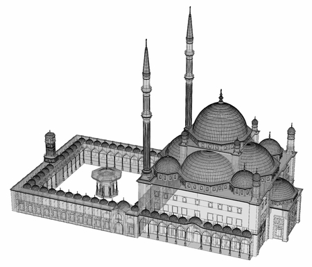 A large Muslim mosque, a three-dimensional raster illustration with contour lines highlighting the details of construction. The building has transparent walls. 3d renderingの写真素材