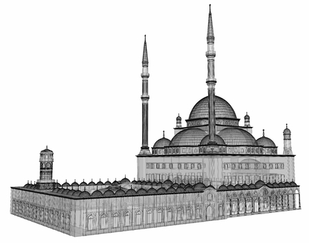 A large Muslim mosque, a three-dimensional raster illustration with contour lines highlighting the details of construction. The building has transparent walls. 3d renderingの写真素材