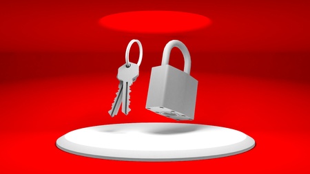 3d keys and padlock on the background of the stand to demonstrate the design. Diffused light from...