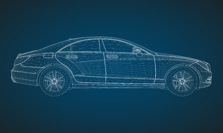 The model sports a premium sedan. Vector illustration in the form of a white polygonal triangular grid on a blue backgroundのイラスト素材