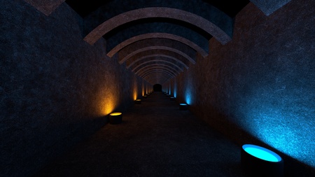 Empty space with concrete walls and lamps on the walls spreading soft diffused light. 3d renderingの写真素材