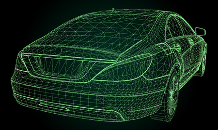 The model sports a premium sedan. Vector illustration in the form of a green polygonal triangular grid on a black backgroundのイラスト素材