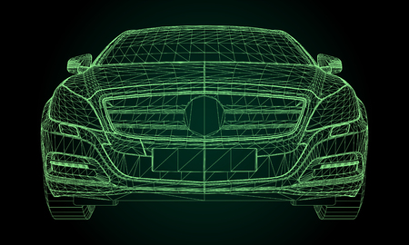 The model sports a premium sedan. Vector illustration in the form of a green polygonal triangular grid on a black backgroundの写真素材