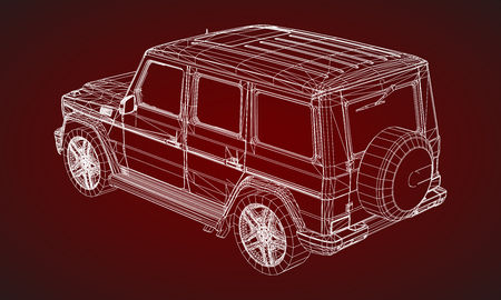 Model of premium frame SUV with a classic design. Vector illustration of a white polygonal triangular grid on a red backgroundのイラスト素材
