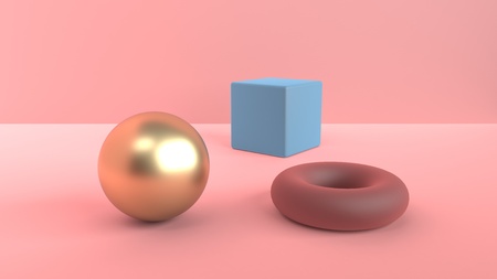 Abstract scene of geometric shapes. Golden ball and blue cube and a red-brown torus. Soft diffused...