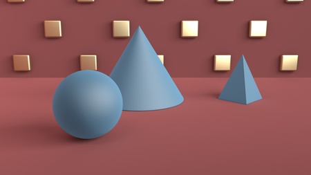 Abstract scene of geometric shapes. Ball, cone, and pyramid blue. Soft ambient light in a 3D scene with a fan of red-brown color and Golden cubes in a checkerboard pattern on the back wall. 3d renderingの写真素材