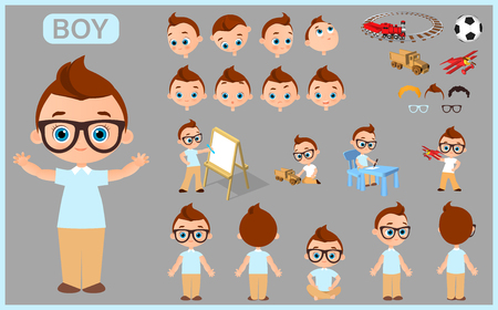 Cartoon character boy constructor creation mascot kit. Set with positions, haircuts, emotions. Isolated vector illustrationのイラスト素材