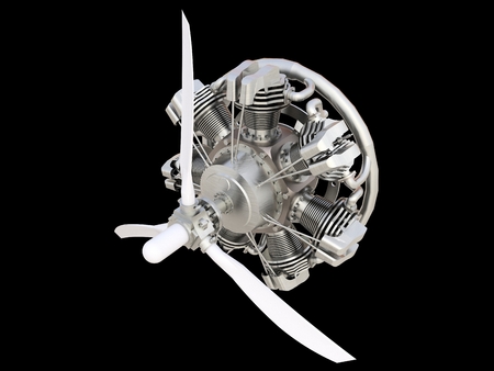 Old circular aircraft internal combustion engine with propeller and blades. 3d rendering