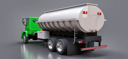 Large green truck tanker with a polished metal trailer. Views from all sides. 3d illustration.の写真素材
