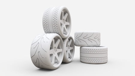 Many sports car wheels standing together. Minimal style installation. 3d rendering
