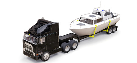 3D illustration of a big black truck with a trailer for transporting a boat on a gray background. 3d renderingの写真素材