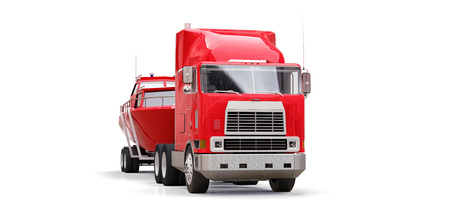 Big red truck with a trailer for transporting a boat on a white background. 3d renderingの写真素材