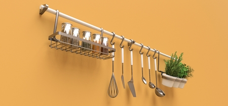 Kitchenware, dry bulk and live seasonings in pots hang on the wall. 3d renderingの写真素材