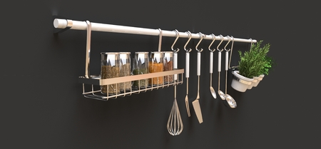 Kitchenware, dry bulk and live seasonings in pots hang on the wall. 3d renderingの写真素材