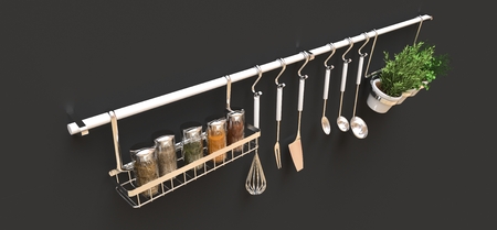 Kitchenware, dry bulk and live seasonings in pots hang on the wall. 3d renderingの写真素材