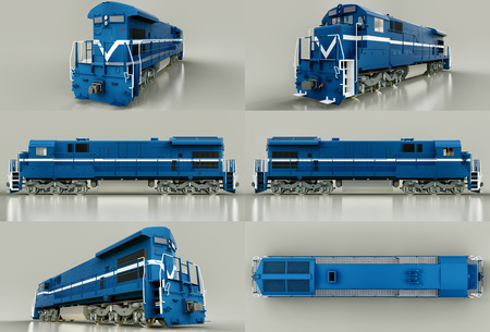 Set modern blue diesel railway locomotive with great power and strength for moving long and heavy railroad train. 3d renderingの写真素材
