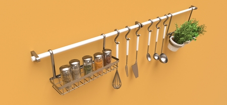 Kitchenware, dry bulk and live seasonings in pots hang on the wall. 3d renderingの写真素材