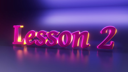 Screensaver for a video with the text Lesson 2. Golden letters on a blue background in pink and yellow rays. 3d renderingの写真素材