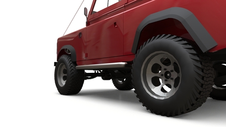 Red old small SUV tuned for difficult routes and expeditions. 3d rendering