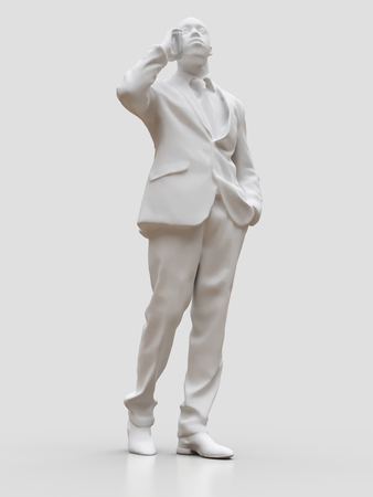 Plastic figure of a black man in a suit talking on the phone. 3d renderingの写真素材