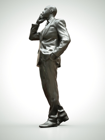 Plastic figure of a black man in a suit talking on the phone. 3d renderingの写真素材