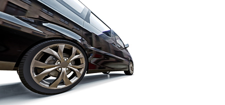 Black small minivan for transportation of people. Three-dimensional illustration on a glossy gray...