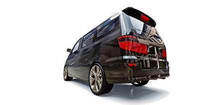 Black small minivan for transportation of people. Three-dimensional illustration on a glossy gray...